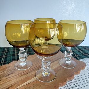 Large Amber Wine Goblets with Clear Bubble Stems Unique MCM Glasses Set of 4